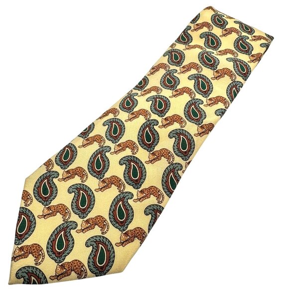 Salvatore Ferragamo Other - Salvatore Ferragamo Neck Tie Yellow Green Paisley Cheetah Print 100% Silk